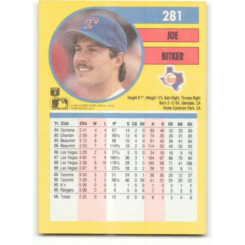 1991 Fleer #281 Joe Bitker NM-MT RC Rookie Texas Rangers Baseball Card - Baseball Card Single