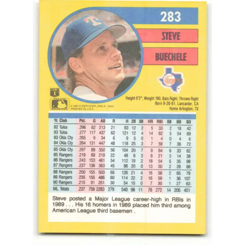 1991 Fleer #283 Steve Buechele NM-MT Texas Rangers Baseball Card - Baseball Card Single