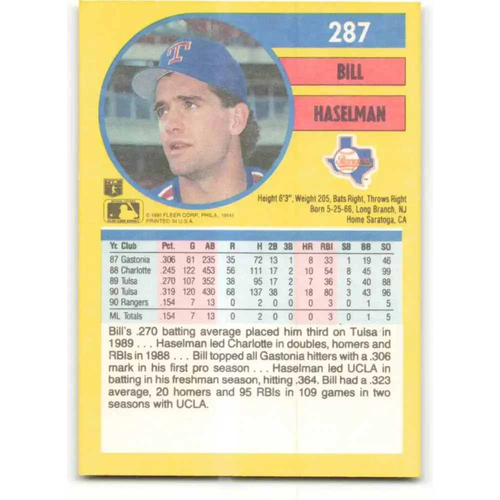 1991 Fleer #287 Bill Haselman NM-MT RC Rookie Texas Rangers Baseball Card