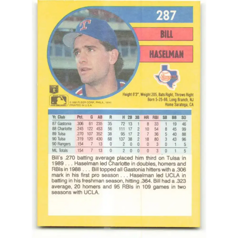 1991 Fleer #287 Bill Haselman NM-MT RC Rookie Texas Rangers Baseball Card