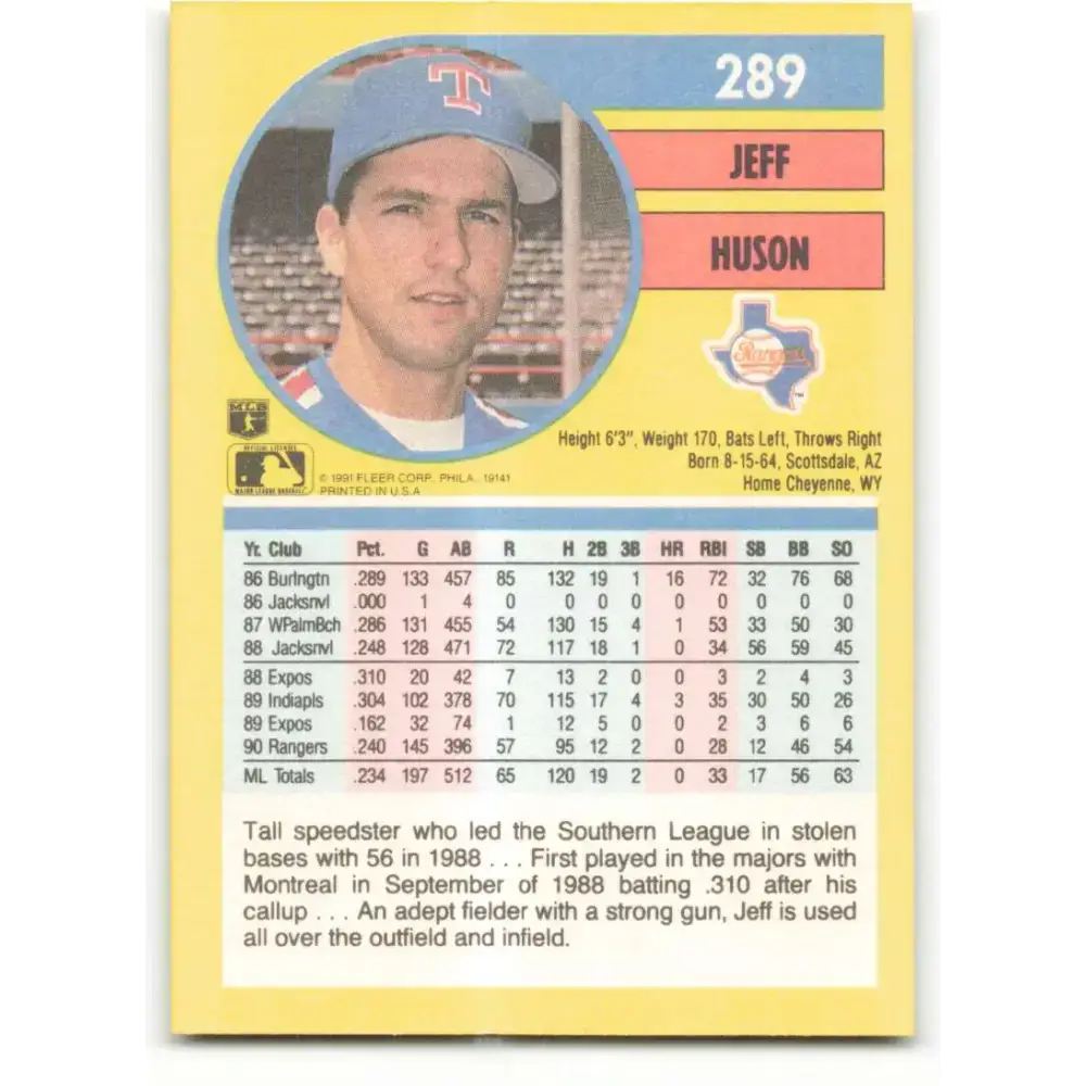 1991 Fleer #289 Jeff Huson NM-MT Texas Rangers Baseball Card - Baseball Card Single