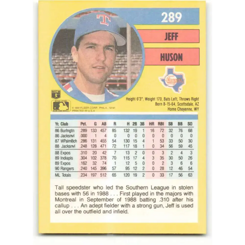 1991 Fleer #289 Jeff Huson NM-MT Texas Rangers Baseball Card - Baseball Card Single