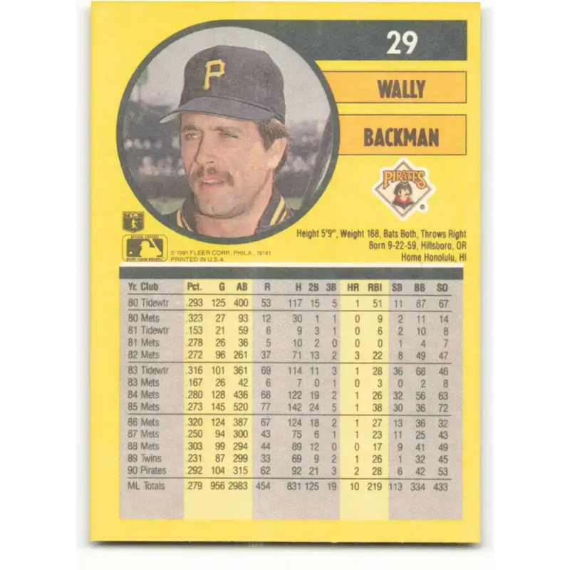 1991 Fleer #29 Wally Backman NM-MT Pittsburgh Pirates Baseball Card - Baseball Card Single