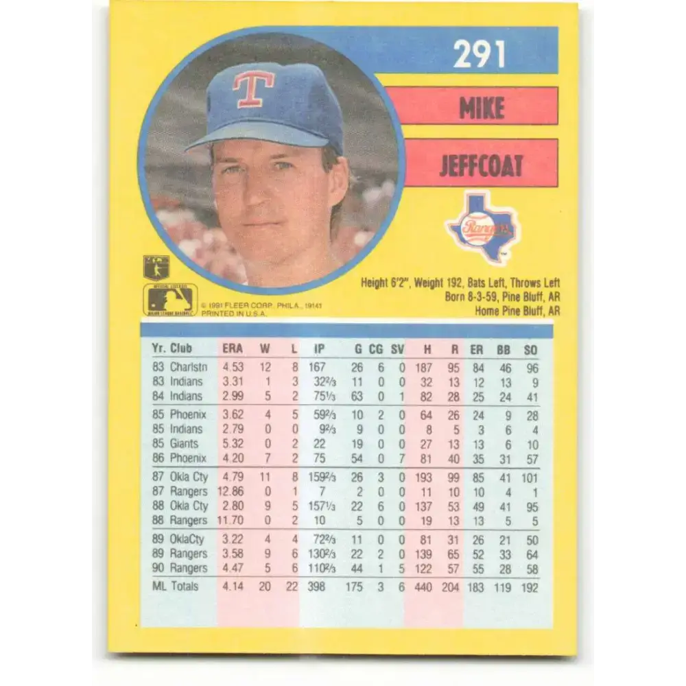 1991 Fleer #291 Mike Jeffcoat NM-MT Texas Rangers Baseball Card - Baseball Card Single