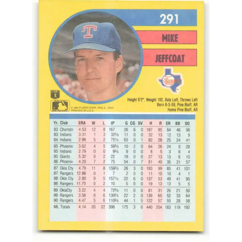 1991 Fleer #291 Mike Jeffcoat NM-MT Texas Rangers Baseball Card - Baseball Card Single