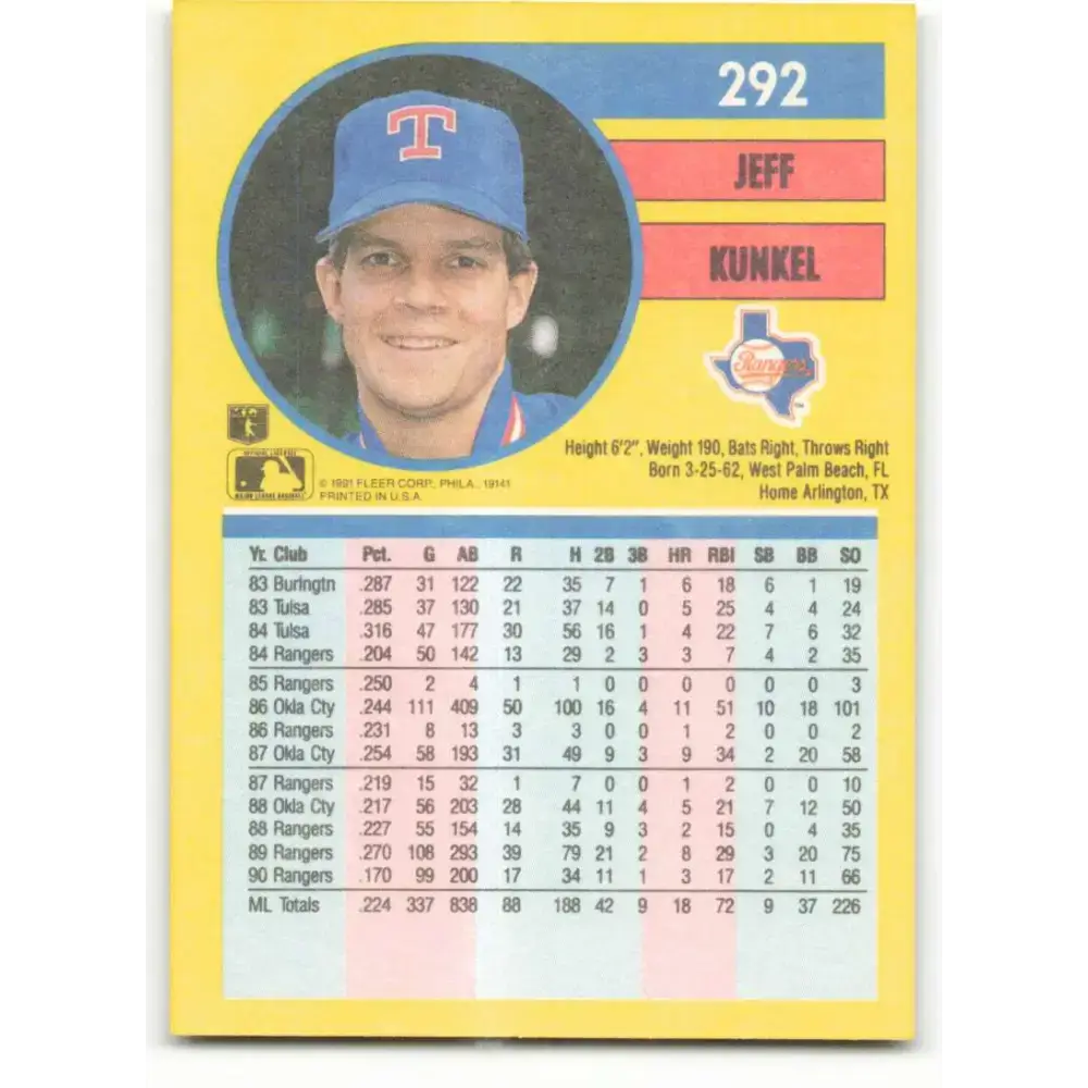 1991 Fleer #292 Jeff Kunkel NM-MT Texas Rangers Baseball Card - Baseball Card Single