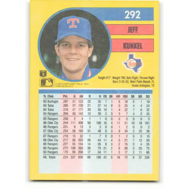 1991 Fleer #292 Jeff Kunkel NM-MT Texas Rangers Baseball Card - Baseball Card Single