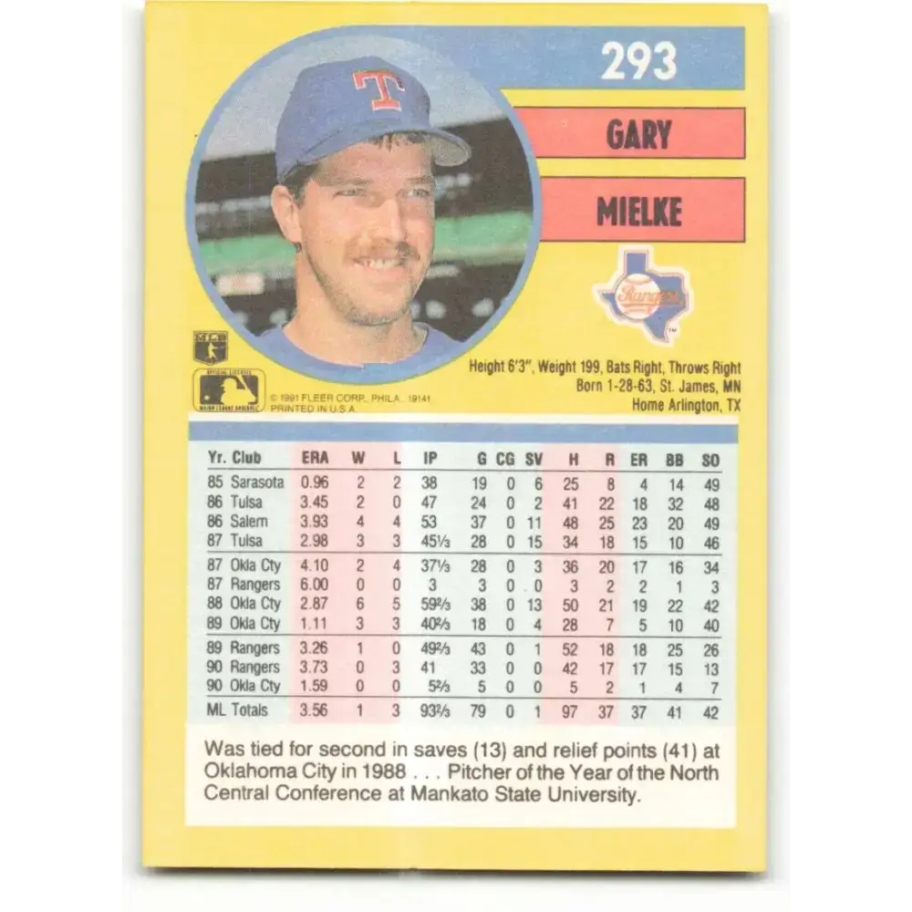 1991 Fleer #293 Gary Mielke NM-MT Texas Rangers Baseball Card - Baseball Card Single