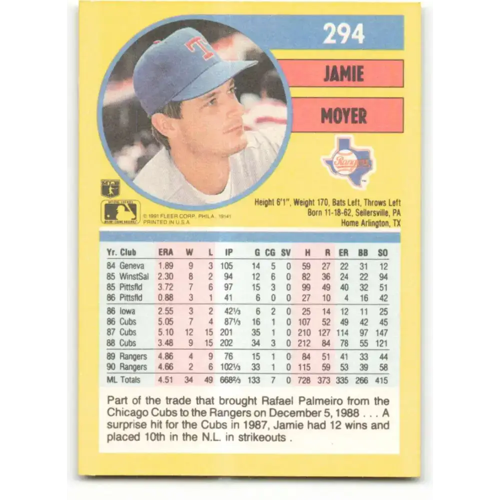 1991 Fleer #294 Jamie Moyer NM-MT Texas Rangers Baseball Card - Baseball Card Single