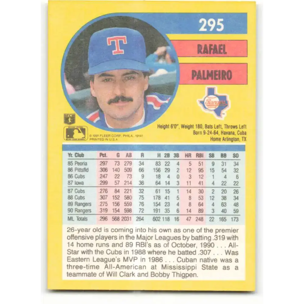 1991 Fleer #295 Rafael Palmeiro NM-MT Texas Rangers Baseball Card - Baseball Card Single