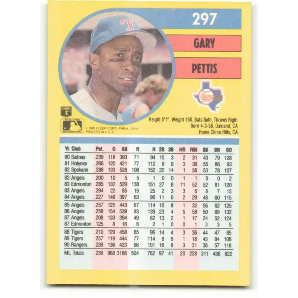 1991 Fleer #297 Gary Pettis NM-MT Texas Rangers Baseball Card - Baseball Card Single