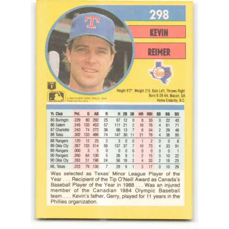 1991 Fleer #298 Kevin Reimer NM-MT Texas Rangers Baseball Card - Baseball Card Single