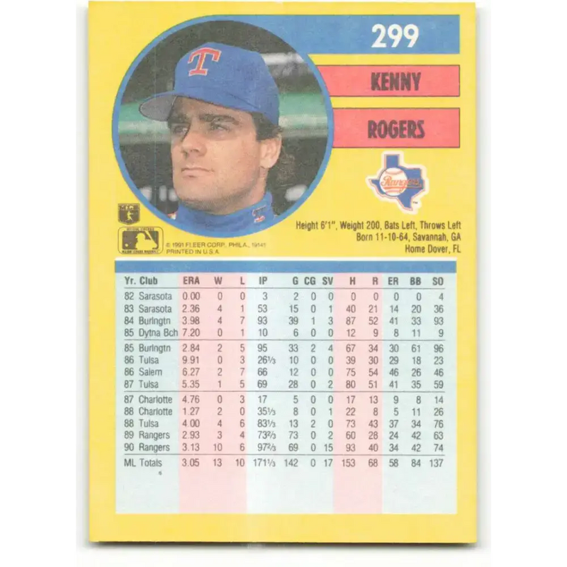 1991 Fleer #299 Kenny Rogers NM-MT Texas Rangers Baseball Card - Baseball Card Single