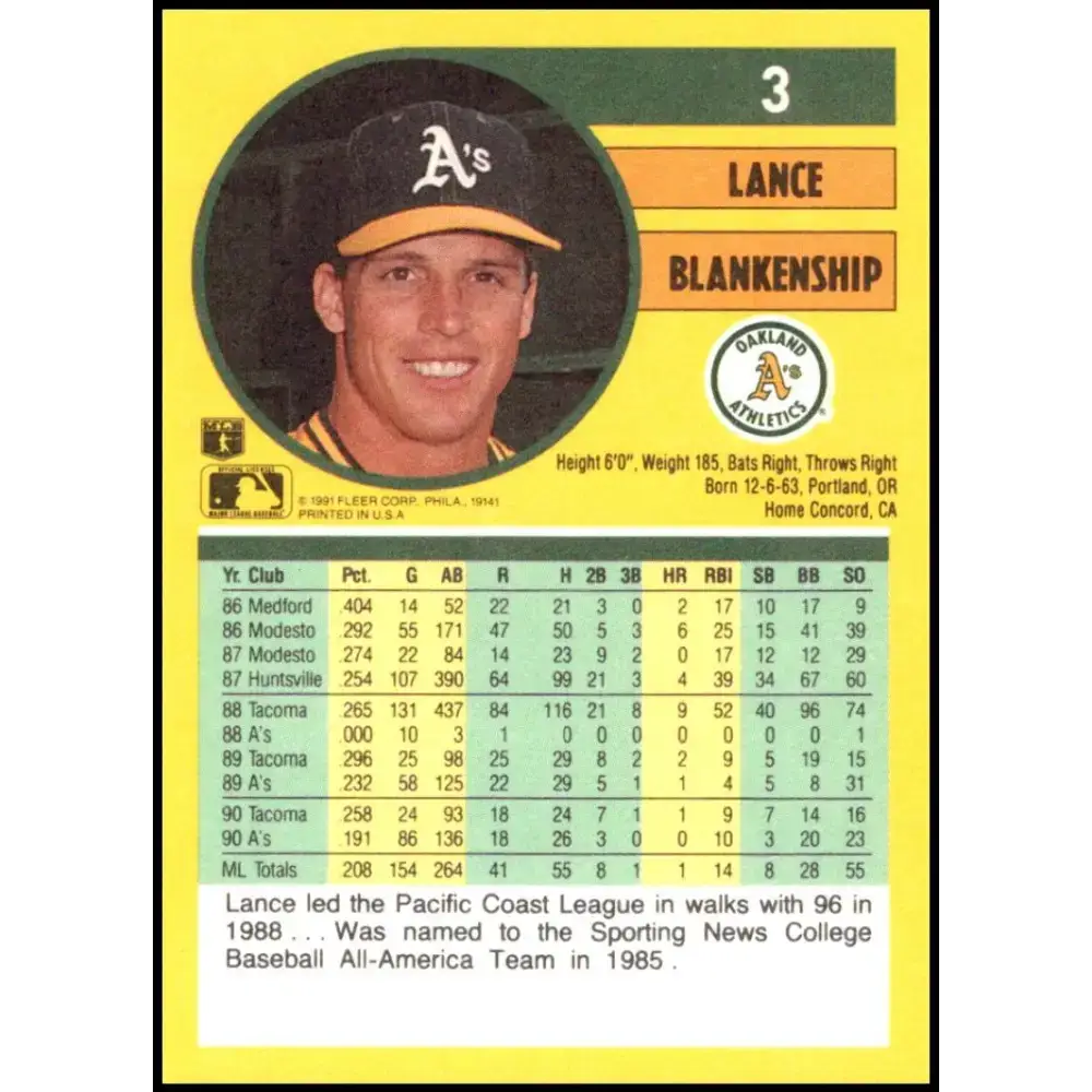 1991 Fleer #3 Lance Blankenship NM-MT Oakland Athletics Baseball Card - Baseball Card Single