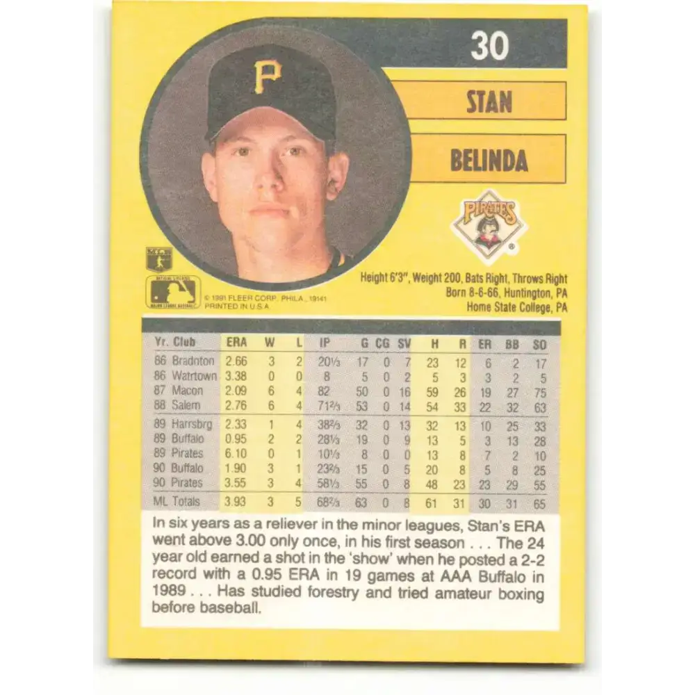 1991 Fleer #30 Stan Belinda NM-MT Pittsburgh Pirates Baseball Card - Baseball Card Single