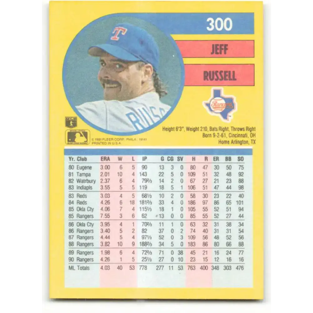 1991 Fleer #300 Jeff Russell NM-MT Texas Rangers Baseball Card - Baseball Card Single