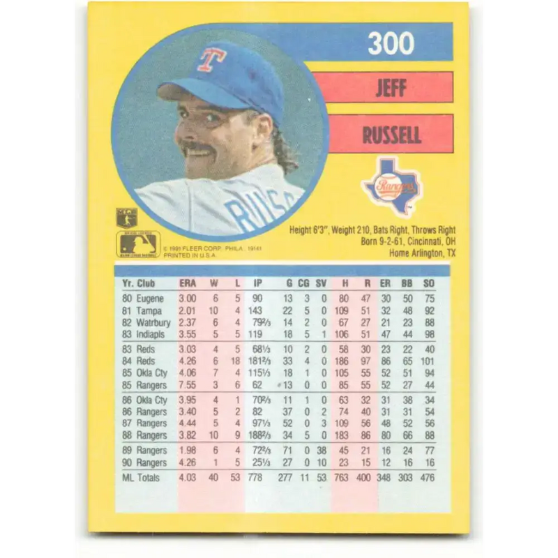 1991 Fleer #300 Jeff Russell NM-MT Texas Rangers Baseball Card - Baseball Card Single