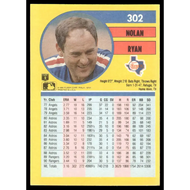 1991 Fleer #302 Nolan Ryan EX/NM Texas Rangers Baseball Card - Baseball Card Single
