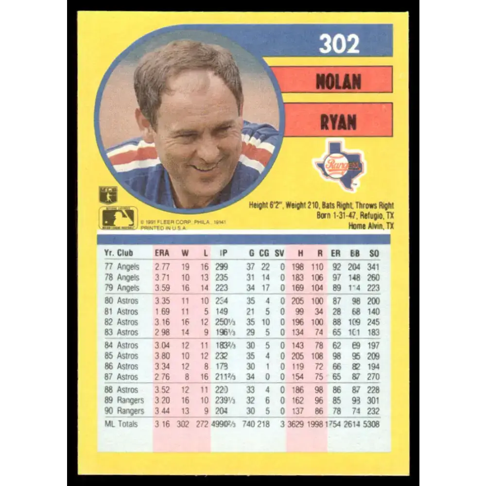 1991 Fleer #302 Nolan Ryan EX/NM Texas Rangers Baseball Card - Baseball Card Single