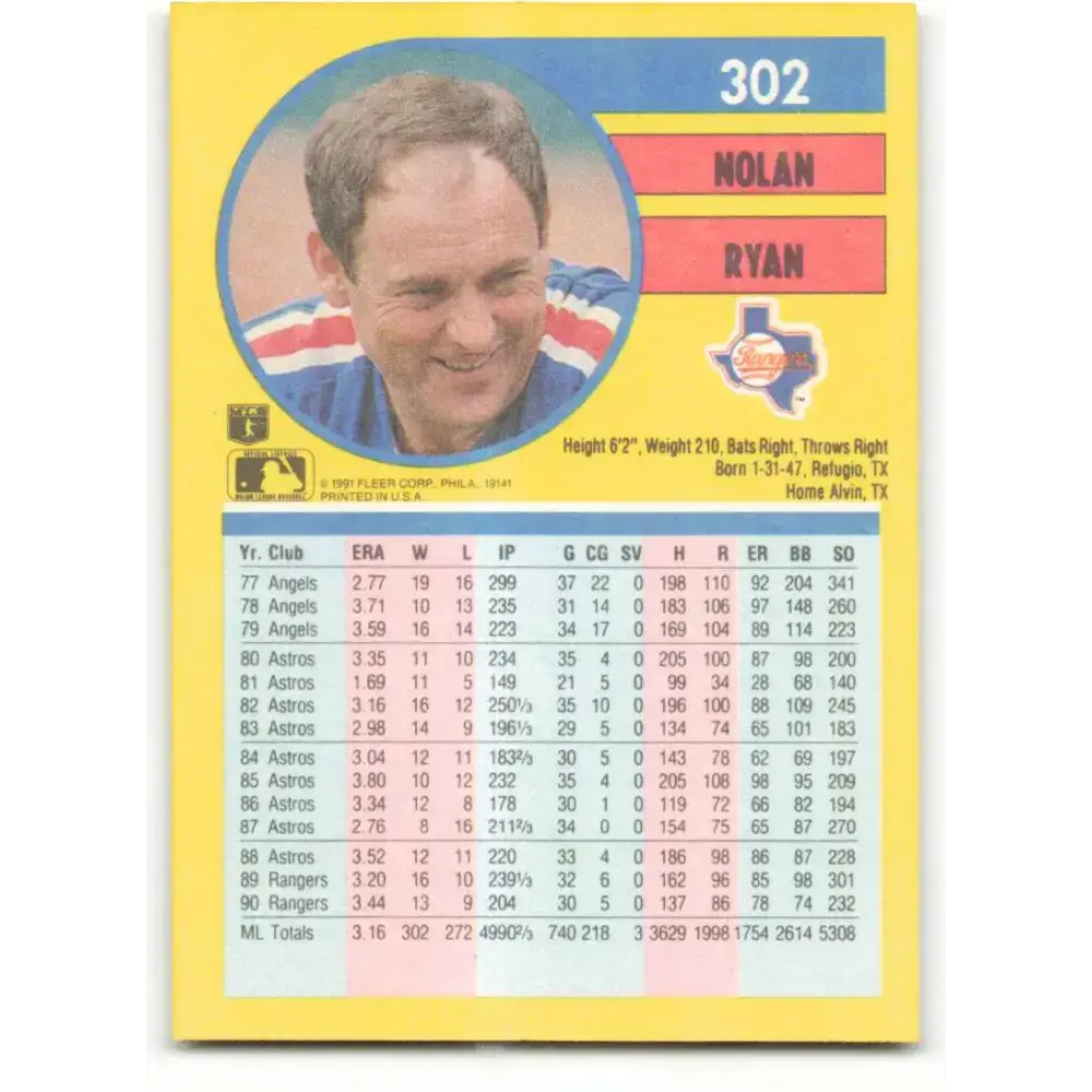 1991 Fleer #302 Nolan Ryan NM-MT Texas Rangers Baseball Card - Baseball Card Single