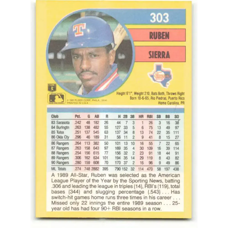 1991 Fleer #303 Ruben Sierra NM-MT Texas Rangers Baseball Card - Baseball Card Single