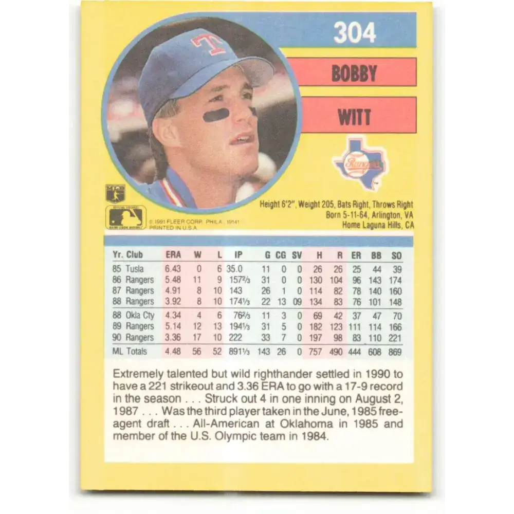 1991 Fleer #304 Bobby Witt NM-MT Texas Rangers Baseball Card - Baseball Card Single