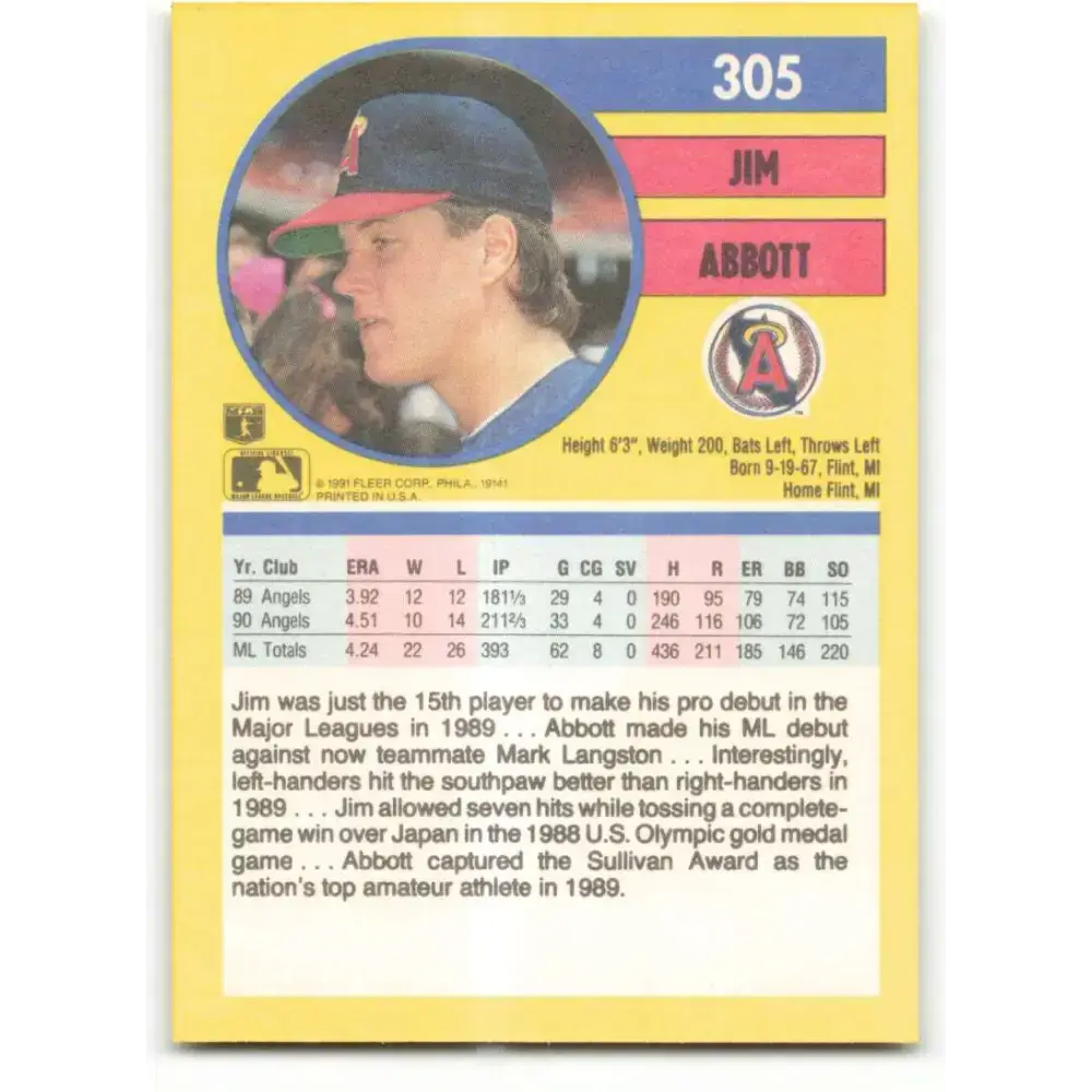 1991 Fleer #305 Jim Abbott NM-MT California Angels Baseball Card - Baseball Card Single
