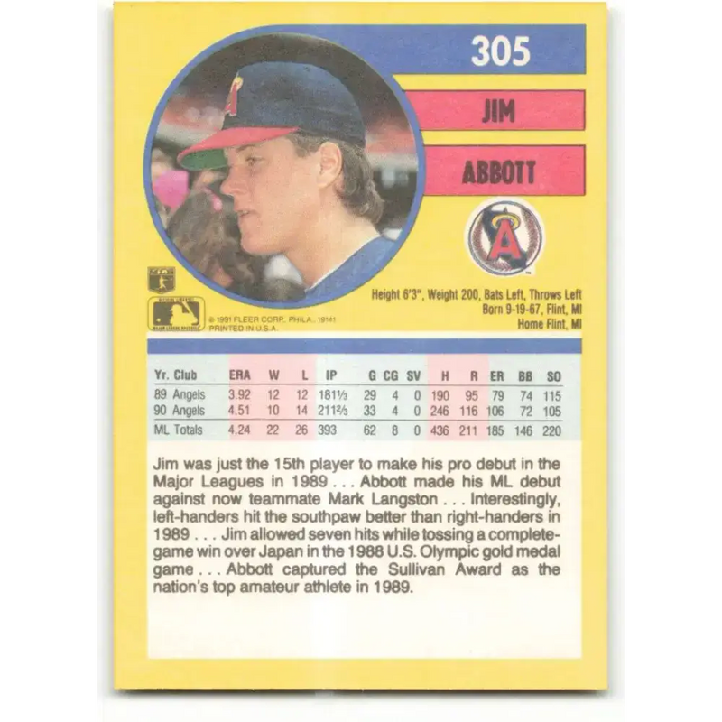 1991 Fleer #305 Jim Abbott NM-MT California Angels Baseball Card - Baseball Card Single