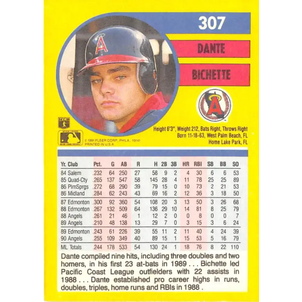 1991 Fleer #307 Dante Bichette NM-MT California Angels Baseball Card - Baseball Card Single