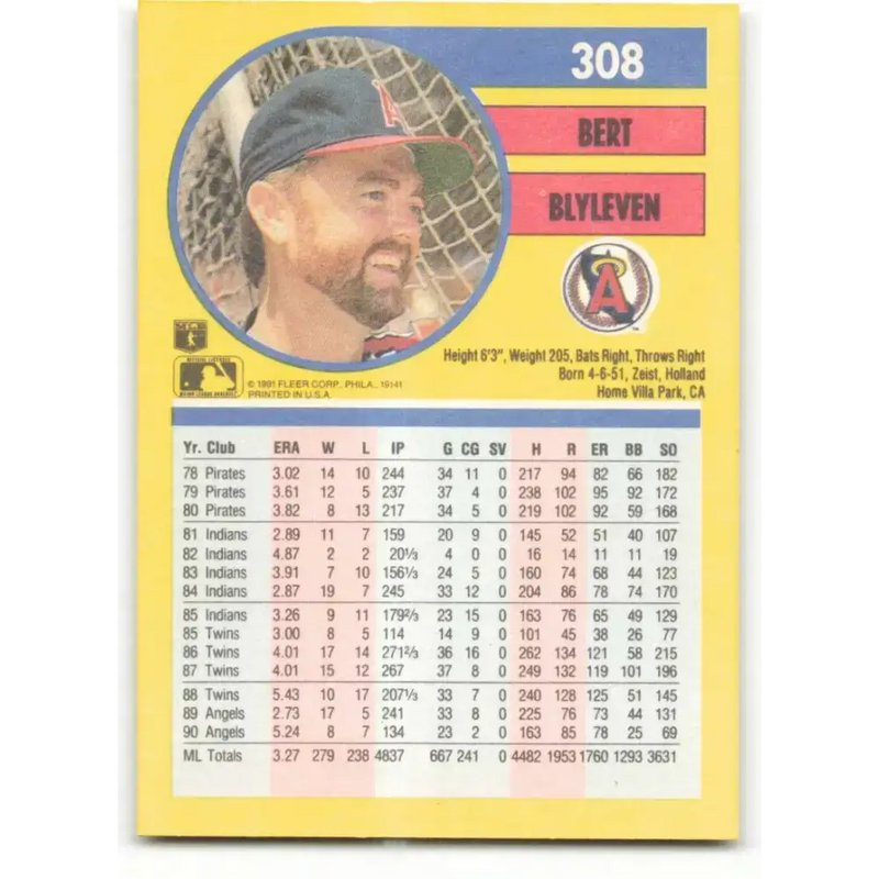 1991 Fleer #308 Bert Blyleven NM-MT California Angels Baseball Card - Baseball Card Single
