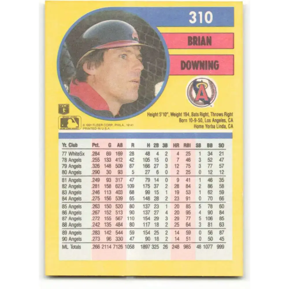 1991 Fleer #310 Brian Downing NM-MT California Angels Baseball Card - Baseball Card Single
