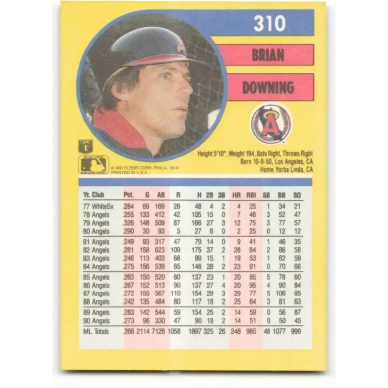 1991 Fleer #310 Brian Downing NM-MT California Angels Baseball Card - Baseball Card Single