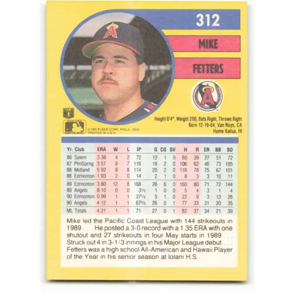 1991 Fleer #312 Mike Fetters NM-MT California Angels Baseball Card - Baseball Card Single