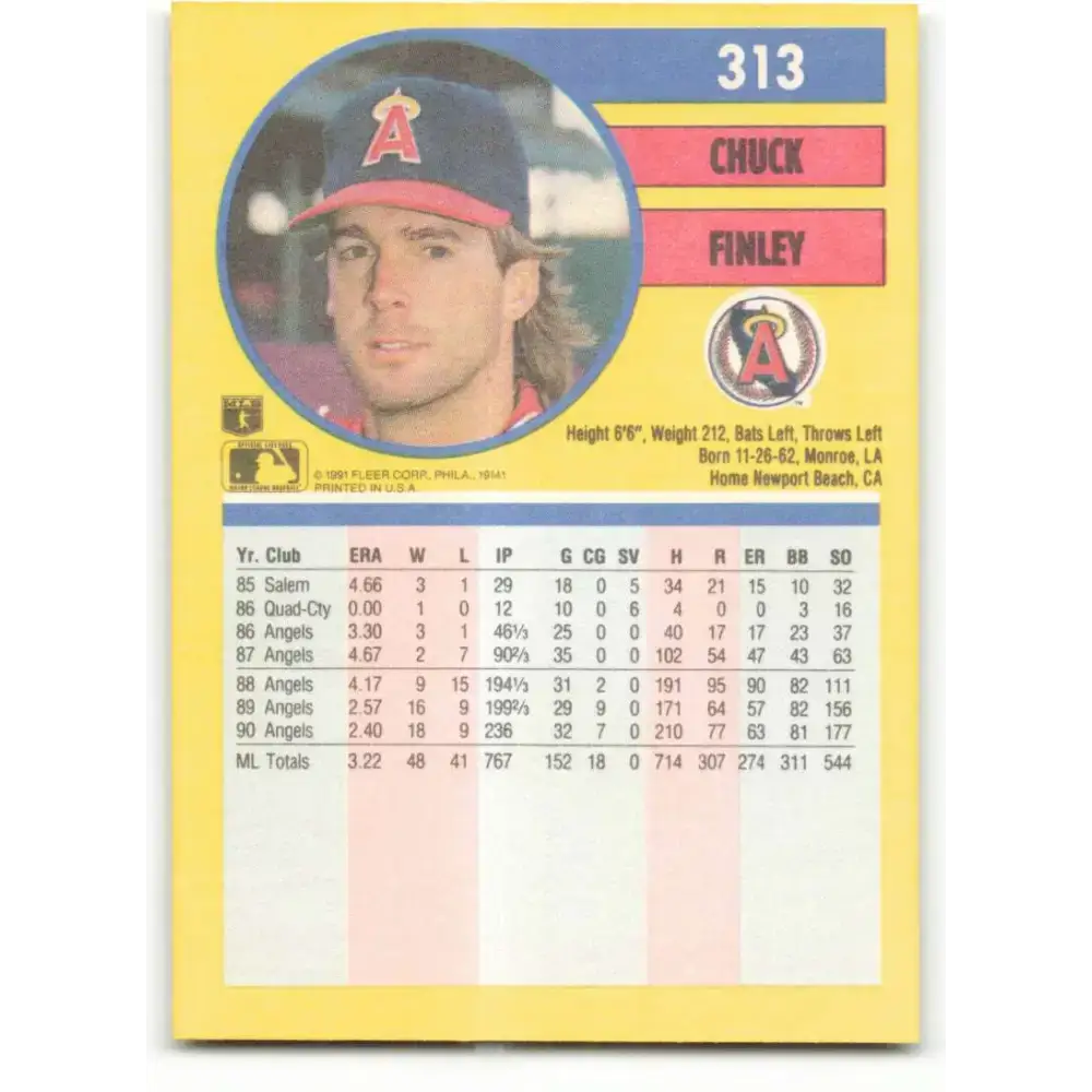 1991 Fleer #313 Chuck Finley NM-MT California Angels Baseball Card - Baseball Card Single