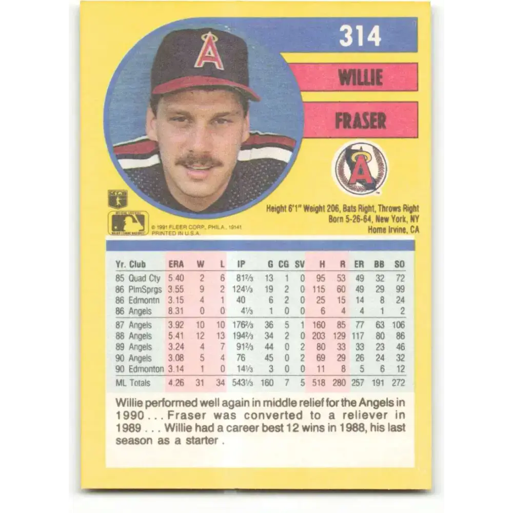1991 Fleer #314 Willie Fraser NM-MT California Angels Baseball Card - Baseball Card Single