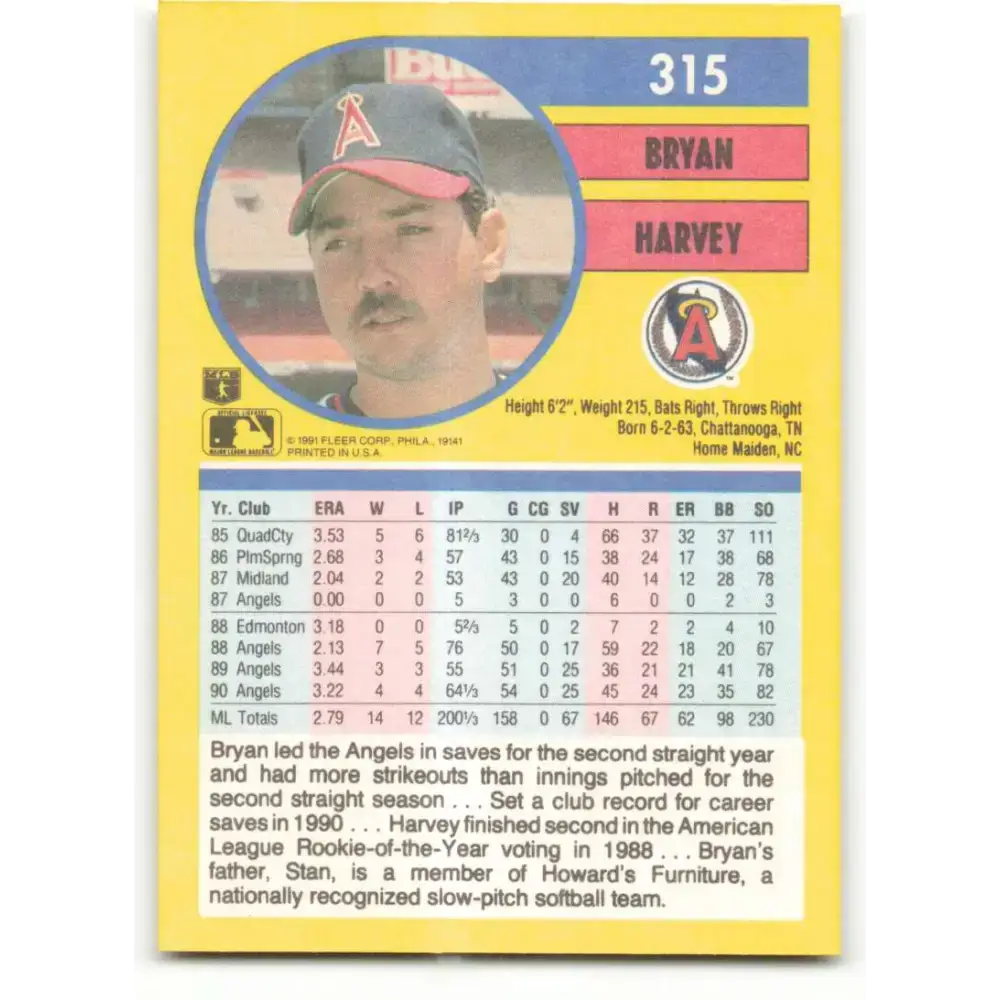 1991 Fleer #315 Bryan Harvey NM-MT California Angels Baseball Card - Baseball Card Single
