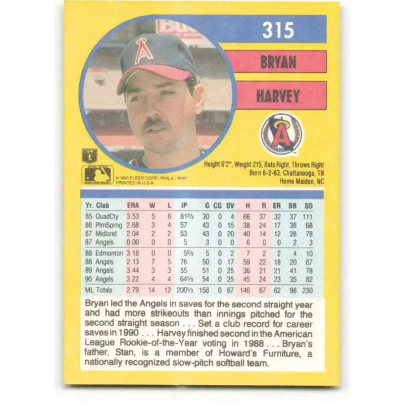 1991 Fleer #315 Bryan Harvey NM-MT California Angels Baseball Card - Baseball Card Single
