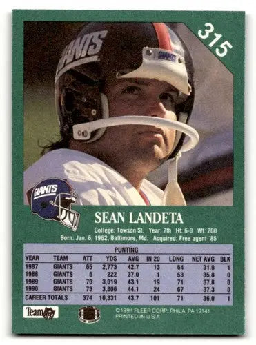 1991 Fleer #315 Sean Landeta New York Giants Football Cards NM Near ID:60505 - Football Card Single