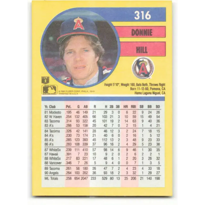 1991 Fleer #316 Donnie Hill NM-MT California Angels Baseball Card - Baseball Card Single
