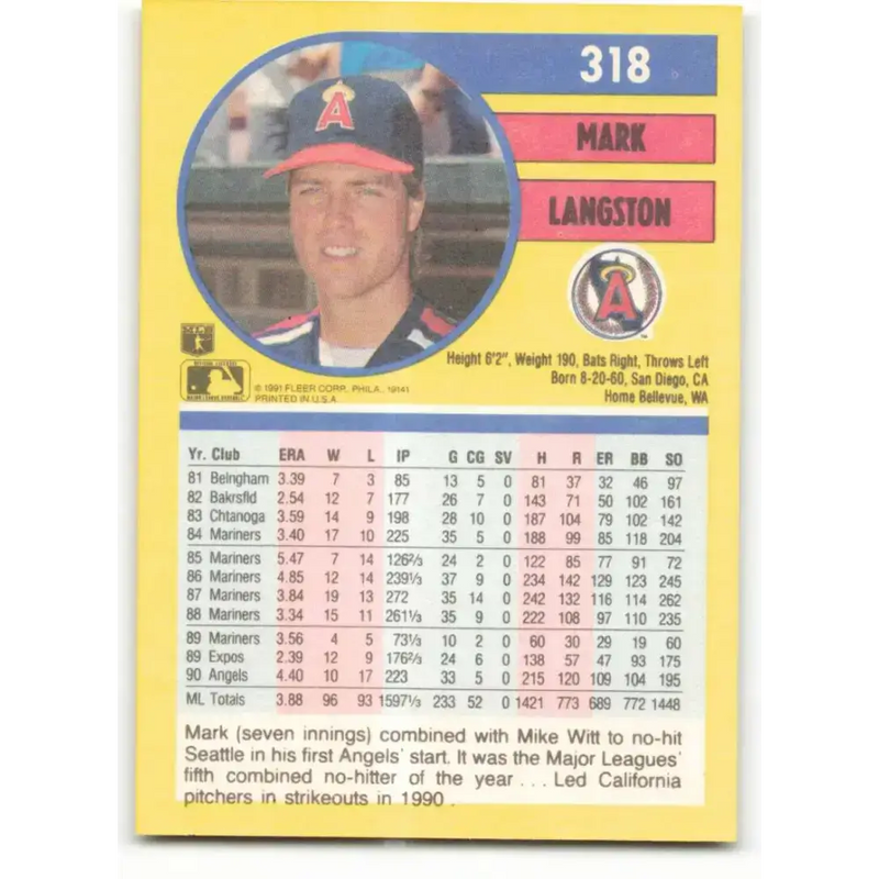 1991 Fleer #318 Mark Langston NM-MT California Angels Baseball Card - Baseball Card Single