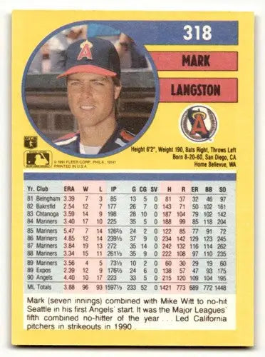 Original gloss baseball card of Mark Langston California Angels 1991 Fleer #318a