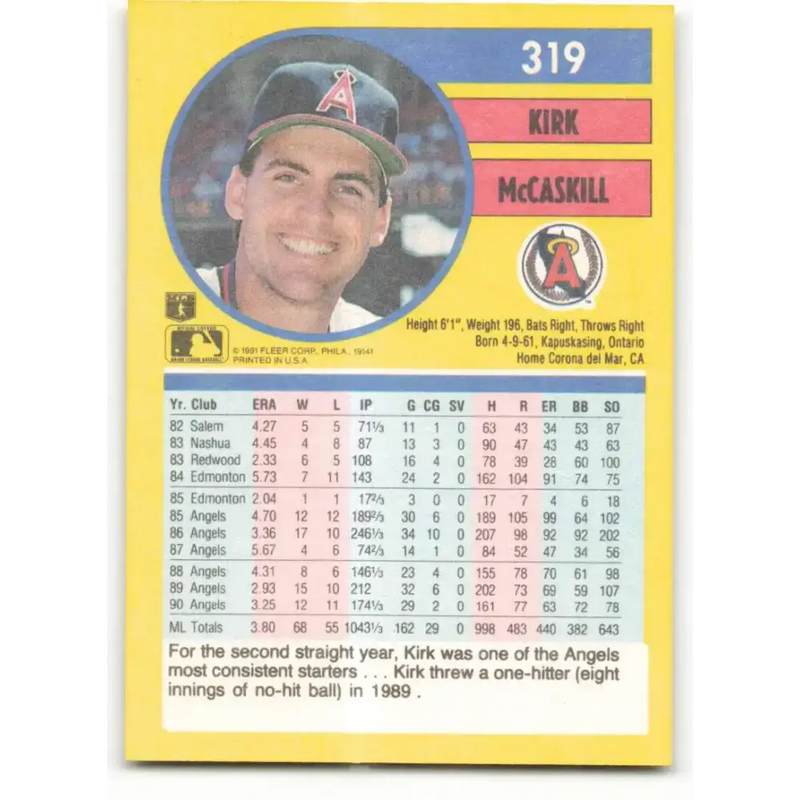 1991 Fleer #319 Kirk McCaskill NM-MT California Angels Baseball Card - Baseball Card Single