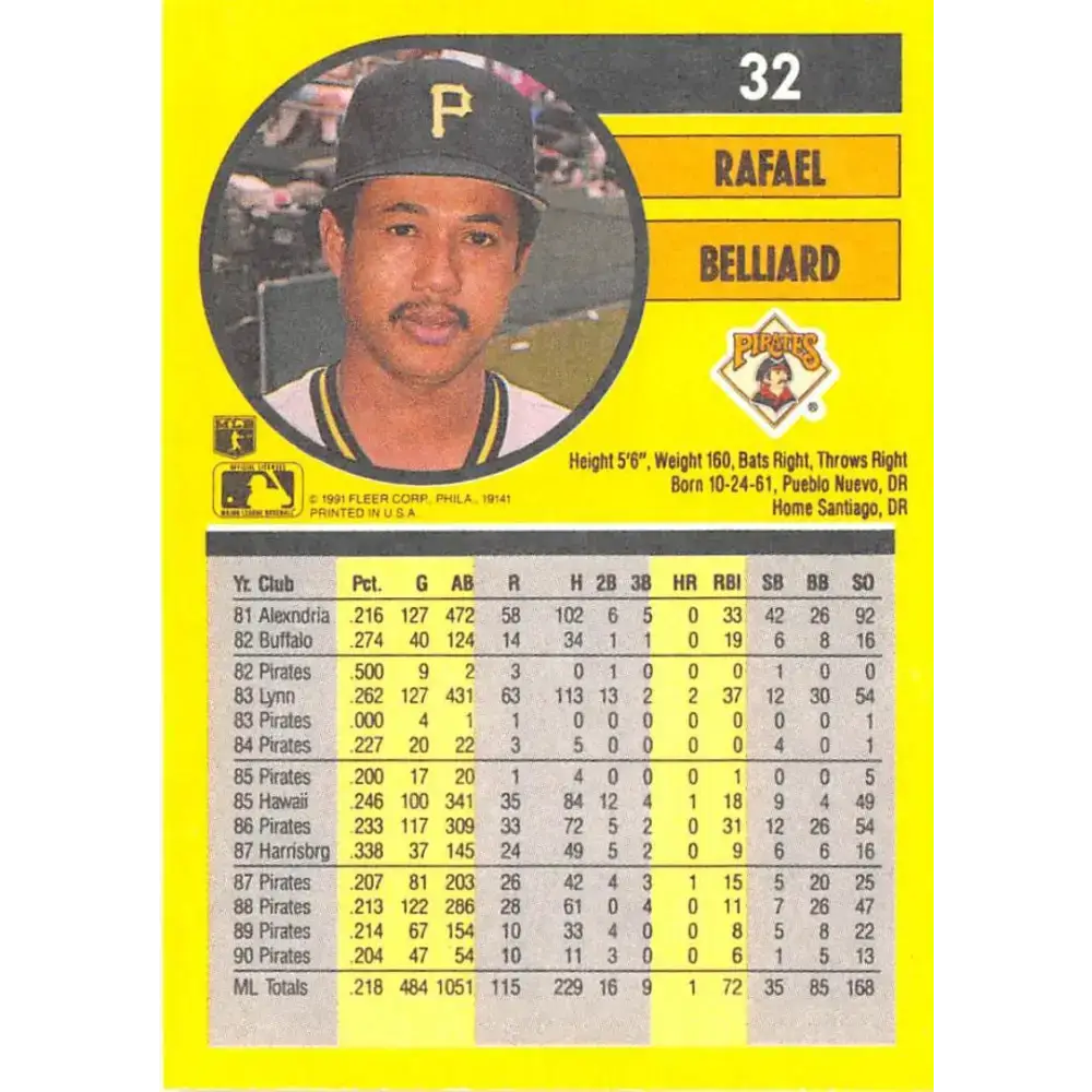 1991 Fleer #32 Rafael Belliard NM-MT Pittsburgh Pirates Baseball Card - Baseball Card Single