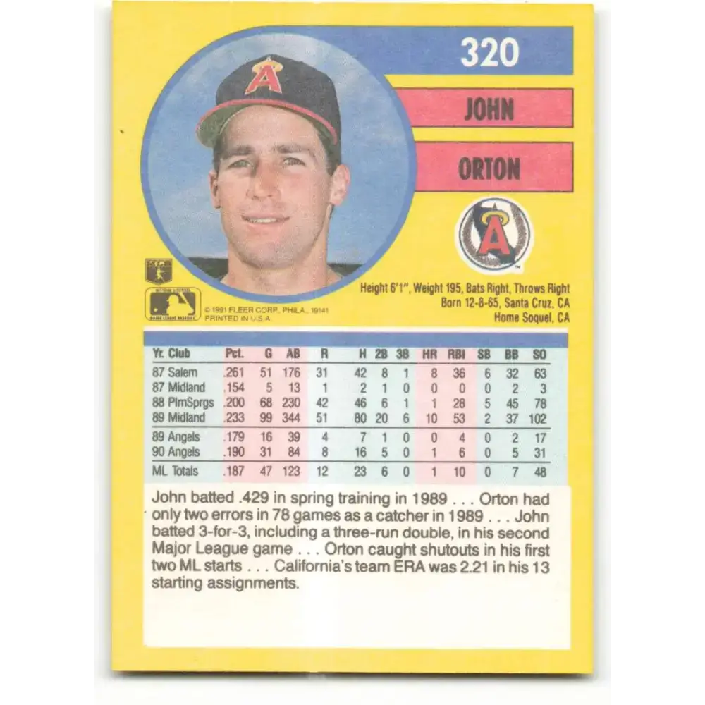 1991 Fleer #320 John Orton NM-MT California Angels Baseball Card - Baseball Card Single