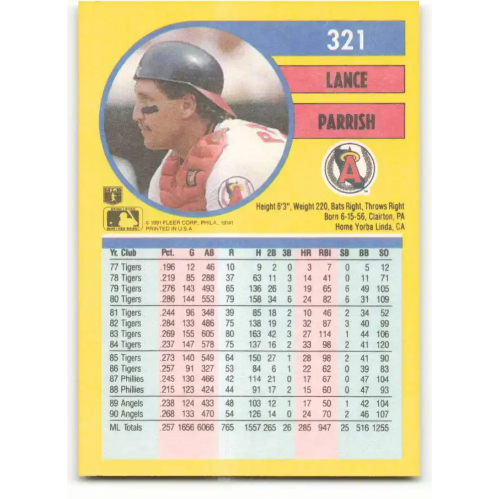 1991 Fleer #321 Lance Parrish NM-MT California Angels Baseball Card - Baseball Card Single