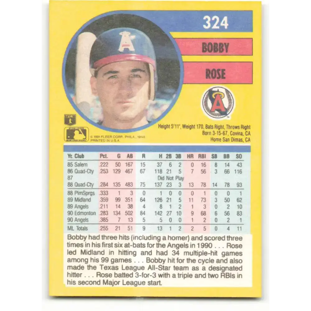 1991 Fleer #324 Bobby Rose NM-MT California Angels Baseball Card - Baseball Card Single