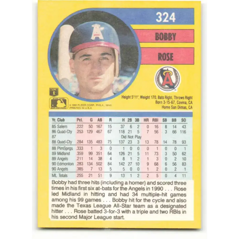 1991 Fleer #324 Bobby Rose NM-MT California Angels Baseball Card - Baseball Card Single