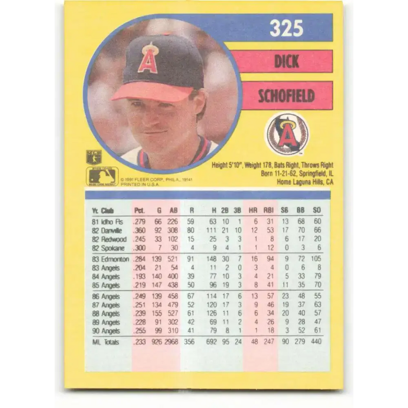 1991 Fleer #325 Dick Schofield NM-MT California Angels Baseball Card - Baseball Card Single