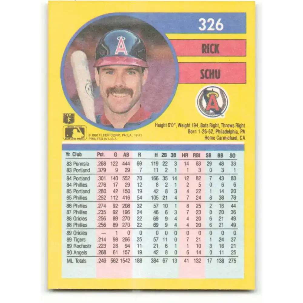 1991 Fleer #326 Rick Schu NM-MT California Angels Baseball Card - Baseball Card Single