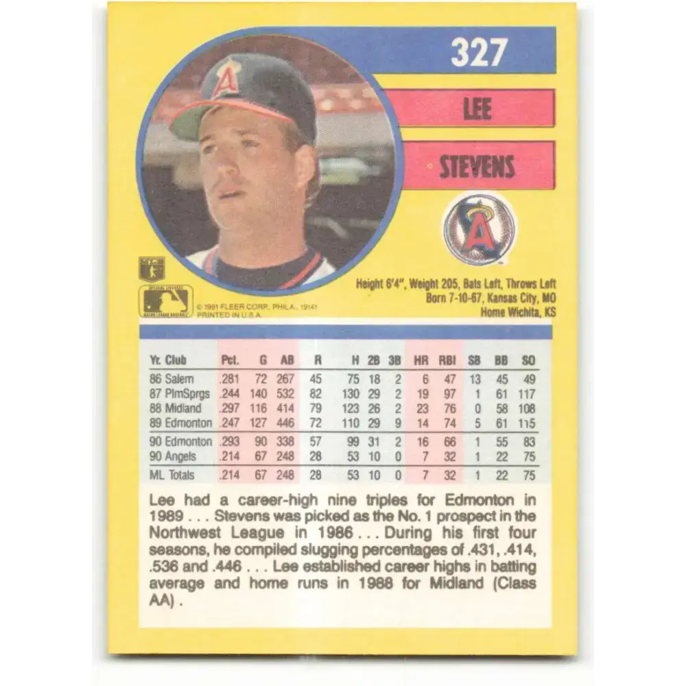 1991 Fleer #327 Lee Stevens NM-MT California Angels Baseball Card - Baseball Card Single